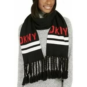 DKNY NEW Logo Stadium Scarf Tassel Fringe Black White Red Winter 68" x 8" WINTER